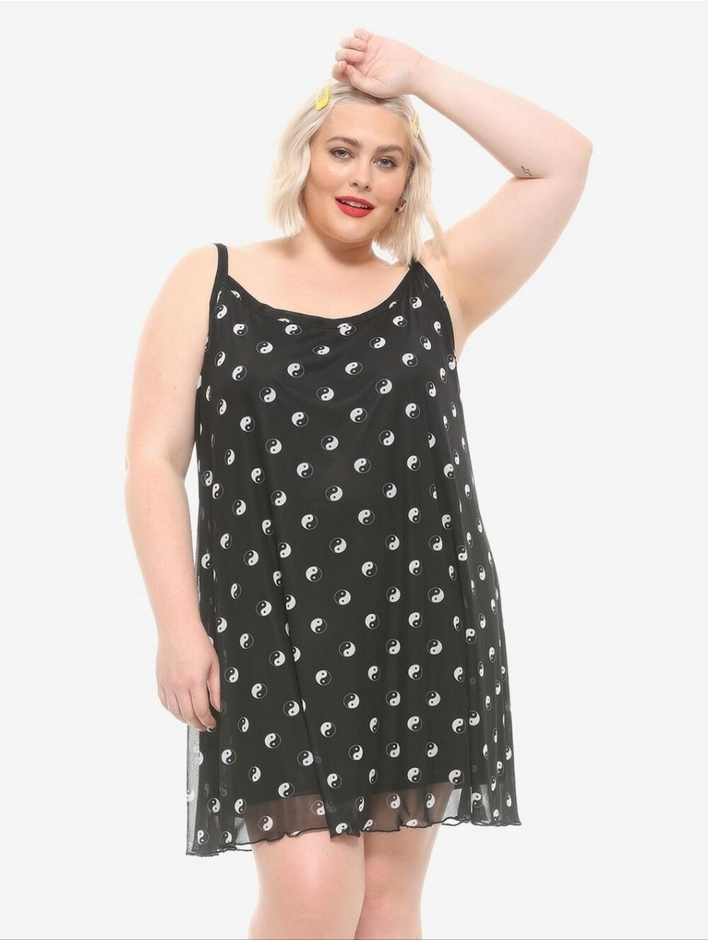 Plus Size 2X Yin & Yang Mesh Overlay Lettuce Hem Cami Dress 90s Grunge Goth